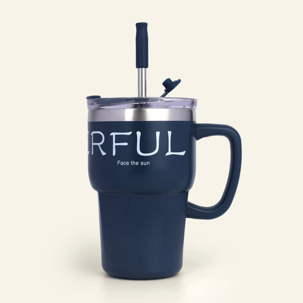 Pure Vibes 600ml Stainless Steel Coffee Mug with Straw, Lid & Handle , Hot & Cold (Blue)